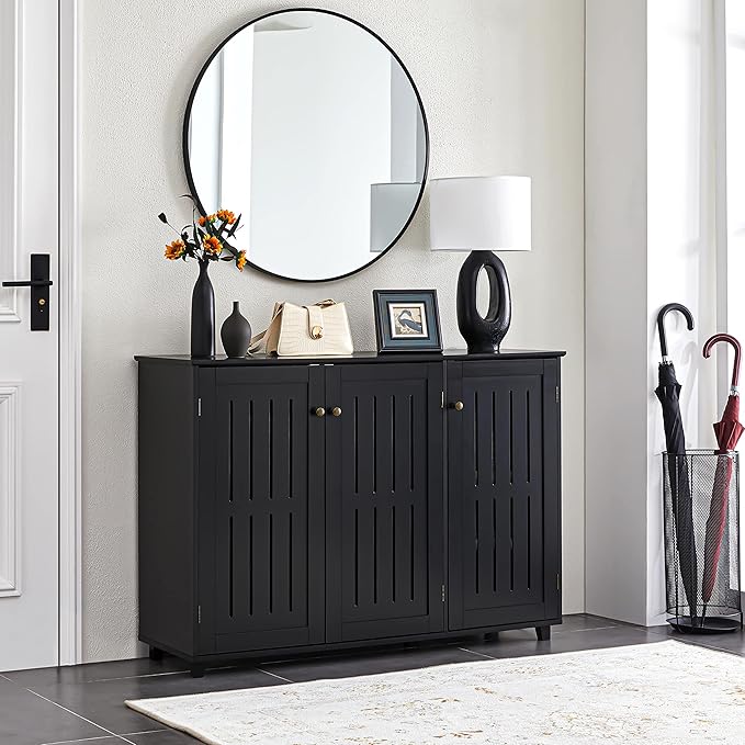 Yaheetech Shoe Storage Cabinet Floor Storage Organizer Wooden Cabinet with 3 Doors Adjustable Shelf for Entryway Living Room Home Office Black