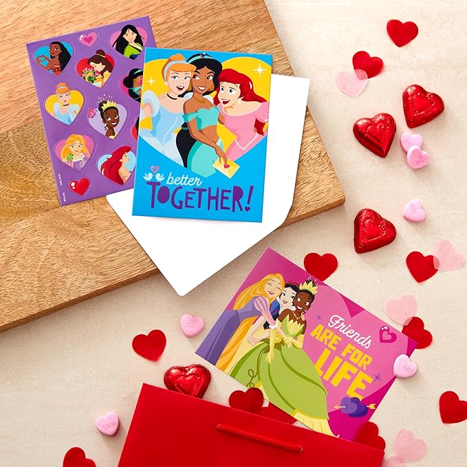 Hallmark Disney Princess Valentines Day Cards and Stickers for Kids School (24 Classroom Valentines with Envelopes)