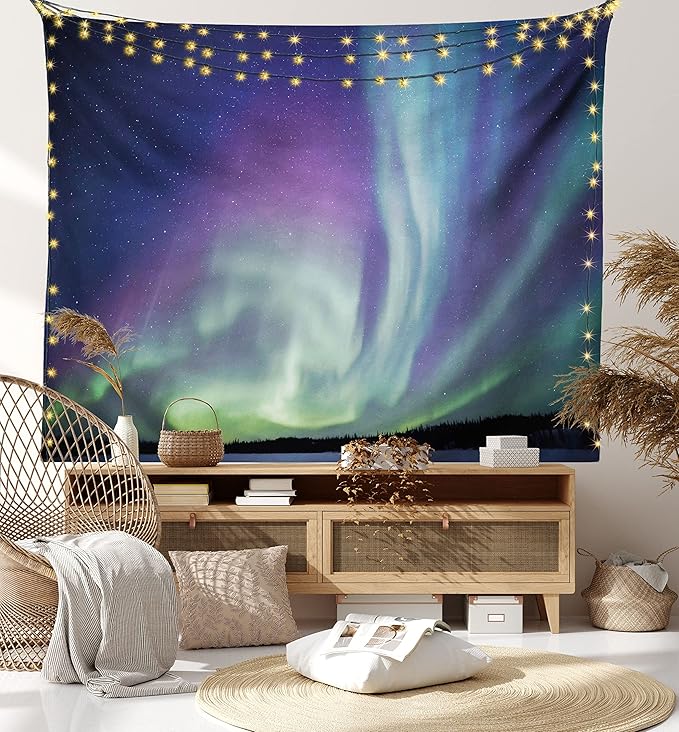 Ambesonne Aurora Borealis Tapestry, Exquisite Atmosphere Solar Starry Sky Calming Night Image, Fabric Wall Hanging Decor for Bedroom Living Room Dorm, 45" X 30", Dark Blue Mint Green