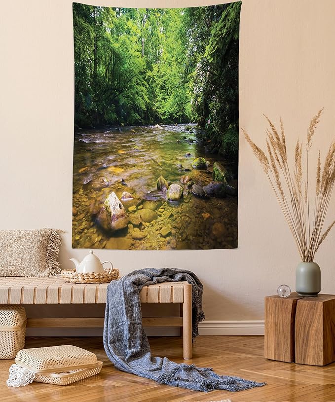 Ambesonne Appalachian Tapestry Twin Size, Oconaluftee River at Smoky Mountains National Park, Wall Hanging Bedspread Bed Cover Wall Decor, Twin Size, Lime Green Charcoal Grey