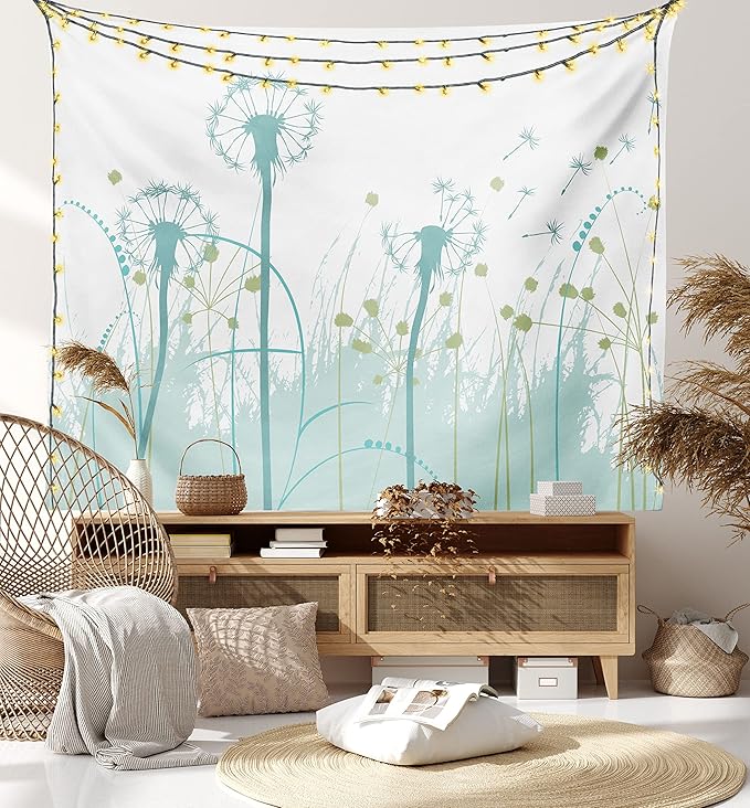 Ambesonne Spring Tapestry, Silhouette Dandelion Floral Foliage Seasonal Blooms Botany Eco Illustration, Fabric Wall Hanging Decor for Bedroom Living Room Dorm, 28" X 23", Khaki Green