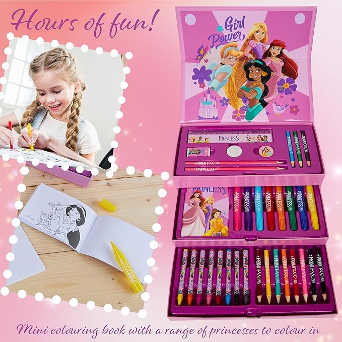 Disney Stitch Kids Colored Pencils Drawing Kit Art Set for Girls Boys Stationery with Notepad Crayons Markers Travel Case Gifts for Kids (Pink Princesses)