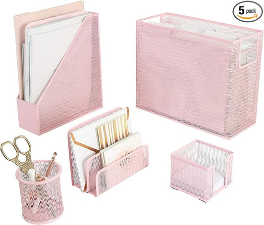 BLU MONACO | Pink Desk Organizer Set | 5 Piece Metal Office Desk Organizer with Hanging File Holder, Magazine Organizer, Pen Cup, Sticky Note Holder, Letter Sorter | Desk Organizers and Accessories