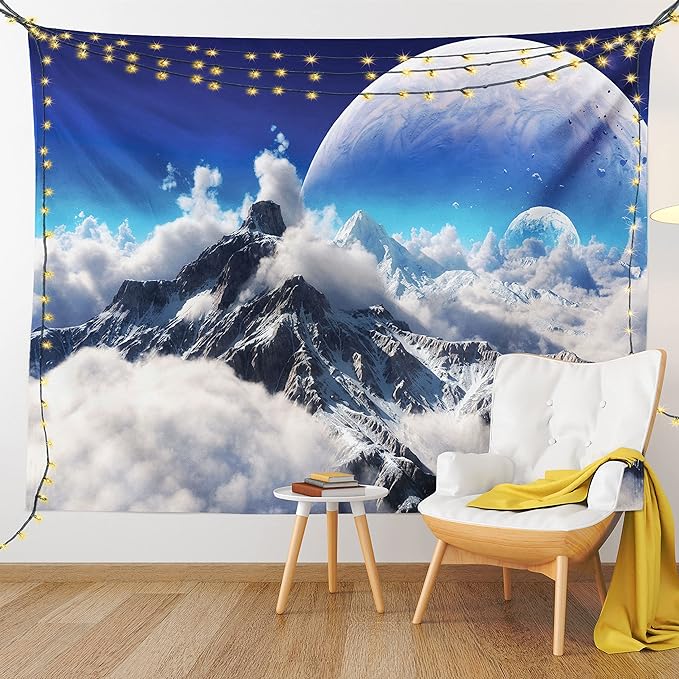 Ambesonne Fantasy Tapestry, Celestial View of Snow Capped Mountains and Alien Planet Print, Fabric Wall Hanging Decor for Bedroom Living Room Dorm, 30" X 45", White and Navy Blue