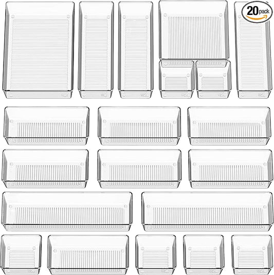 Simple Houseware 20 PCS Clear Plastic Drawer Organizers Set, 5-Size for Makeup, Bathroom, Bedroom and Office