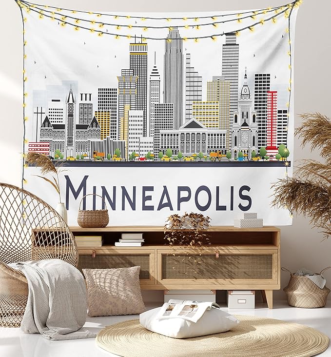 Ambesonne Minnesota Tapestry, Elevation of a Street in Minneapolis Image with High Detailed Facades, Fabric Wall Hanging Decor for Bedroom Living Room Dorm, 23" X 28", White Grey
