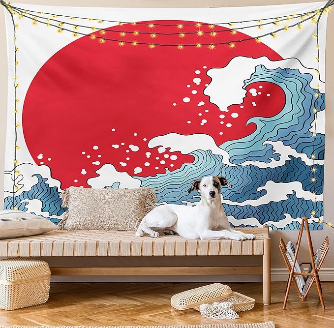 Ambesonne Japanese Wave Tapestry King Size, Big Red Sun Setting Scenery Tropical Nautical Tsunami Swirls, Wall Hanging Bedspread Bed Cover Wall Decor, King Size, Red Blue White