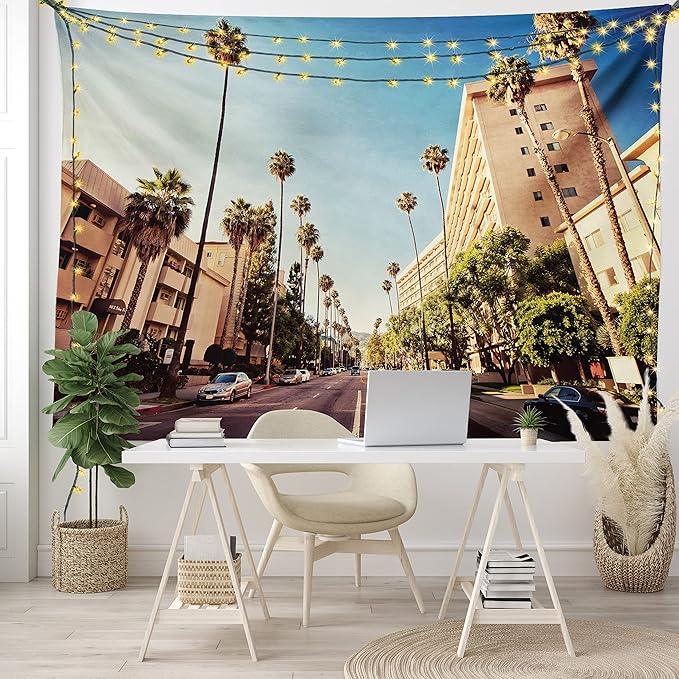 Ambesonne Urban Tapestry, Street in Beverly Hills CaliforniPalm Trees Houses Famous City Photo, Fabric Wall Hanging Decor for Bedroom Living Room Dorm, 23" X 28", Pale Blue Peach Green