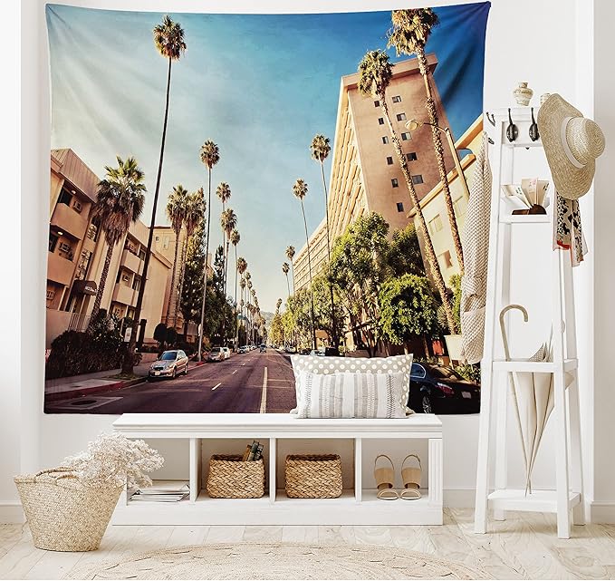 Ambesonne Urban Tapestry, Street in Beverly Hills CaliforniPalm Trees Houses Famous City Photo, Fabric Wall Hanging Decor for Bedroom Living Room Dorm, 23" X 28", Pale Blue Peach Green