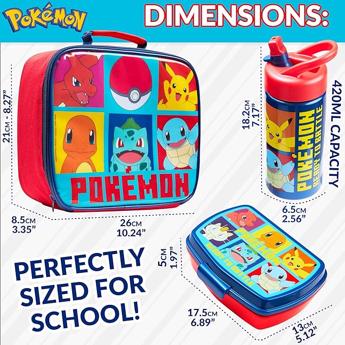 Pokemon Insulated Lunch Bag with Lunch Box Water Bottle Set for Kids 3 Piece School Snack Bag Pikachu Gifts for Kids (Red/Blue)