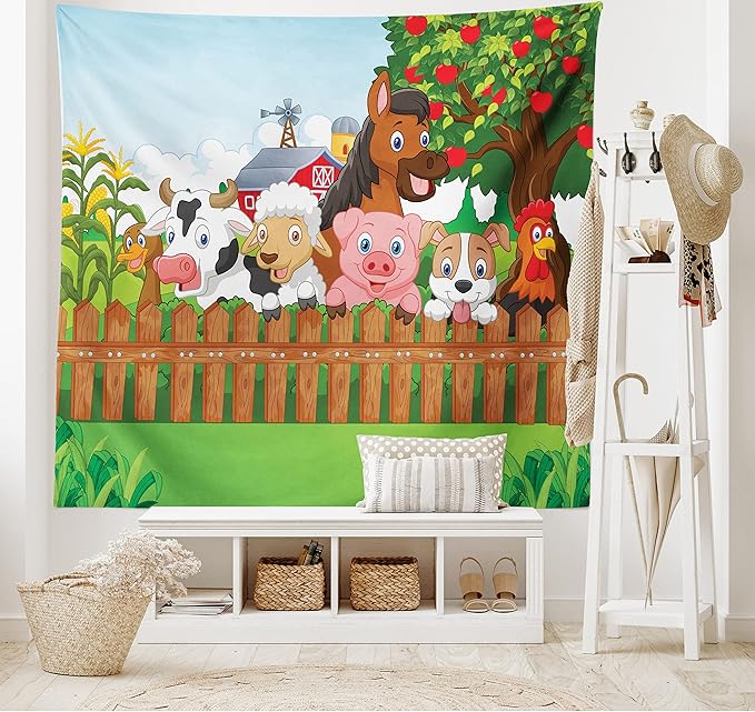Ambesonne Cartoon Tapestry, Composition Farm Animals on Fence Comic Mascots Dog Cow Horse Design, Wide Wall Hanging for Bedroom Living Room Dorm, 60" X 40", Green Multicolor