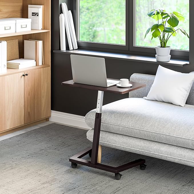Seville Classics Airlift Height Adjustable Mobile Rolling Laptop Cart Computer Workstation Desk, Table for Home, Office, Classroom, Hospital, w/Wheels, Walnut, Flat (24") (New Model)
