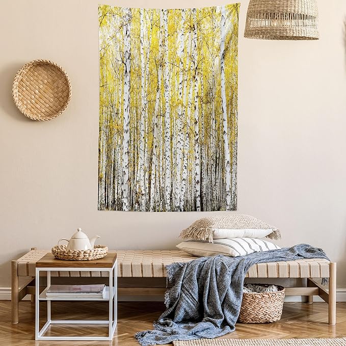 Ambesonne Forest Tapestry Twin Size, Autumn Birch Forest Golden Yellow Leaves Woodland October Seasonal Nature Picture, Wall Hanging Bedspread Bed Cover Wall Decor, 68" X 88", Yellow Grey