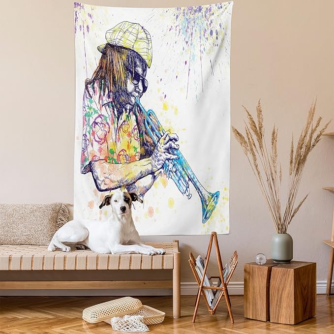 Ambesonne Jazz Music Tapestry, Illustration of Trumpeter with Paint Splashes at the Background Entertainment, Wall Hanging for Bedroom Living Room Dorm Decor, 40" X 60", Purple Yellow