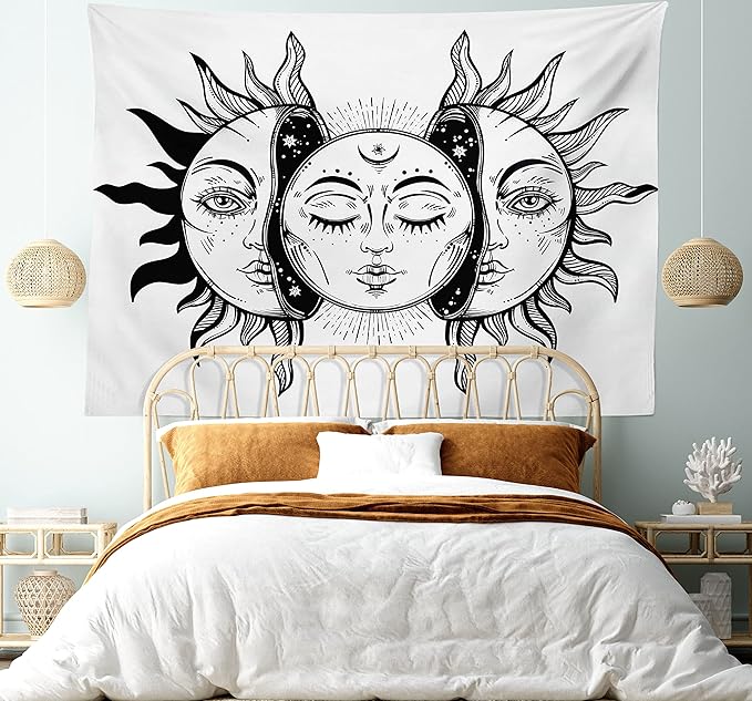 Ambesonne Moon Tapestry, Monochrome Sun and Moon Pattern Oriental Image Culture Inspired Design Print, Fabric Wall Hanging Decor for Bedroom Living Room Dorm, 30" X 45", White Black
