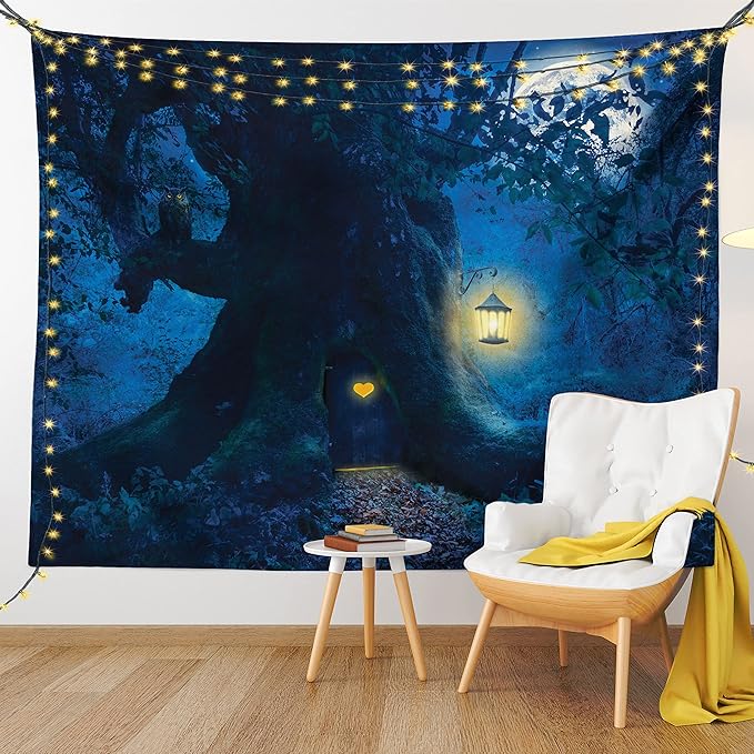 Ambesonne Fantasy Tapestry, Night with a Little Home in The Trunk of an Tree in The Woods Print, Fabric Wall Hanging Decor for Bedroom Living Room Dorm, 30" X 45", Navy Blue