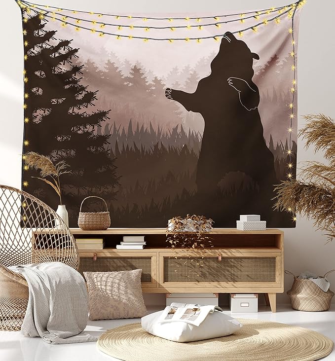 Ambesonne Nature Tapestry, Silhouette of Wild Bear in the Jungle Woodland at Dark Night Illustration, Fabric Wall Hanging Decor for Bedroom Living Room Dorm, 45" X 30", Army Green Pale Peach