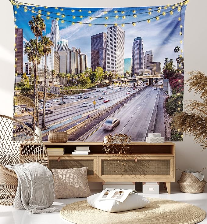 Ambesonne Travel Tapestry, Downtown Cityscape of Los Angeles California USA Avenue Buildings Palms Print, Fabric Wall Hanging Decor for Bedroom Living Room Dorm, 30" X 45", Blue Grey Green