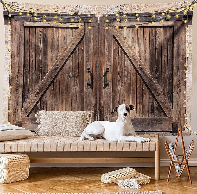 Ambesonne Rustic Tapestry, Wooden Barn Door in Stone Farmhouse Image Vintage Desgin Rural Art Architecture Print, Wide Wall Hanging for Bedroom Living Room Dorm, 60" X 40", Cream Brown