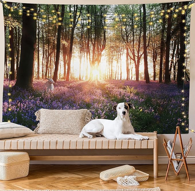 Ambesonne Forest Tapestry Twin Size, Bluebell Woods Sunrise with White Rabbit Sunny Spring Day in Woodland, Wall Hanging Bedspread Bed Cover Wall Decor, 68" X 88", Purple Green