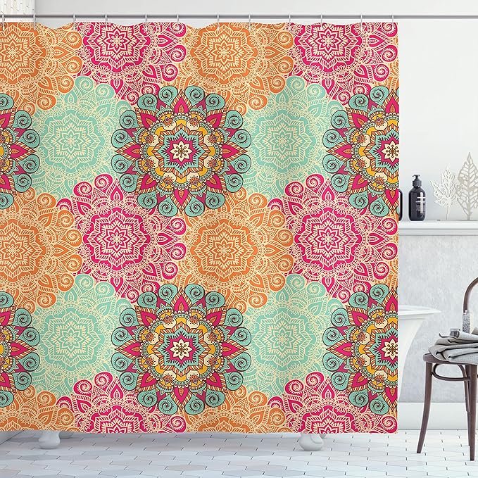 Ambesonne Mandala Shower Curtain, Antique Mandala Patterns Circles in Vintage Colors Native Tribal Ornamental, Cloth Fabric Bathroom Decor Set with Hooks, 70" Long, Fuchsia Orange