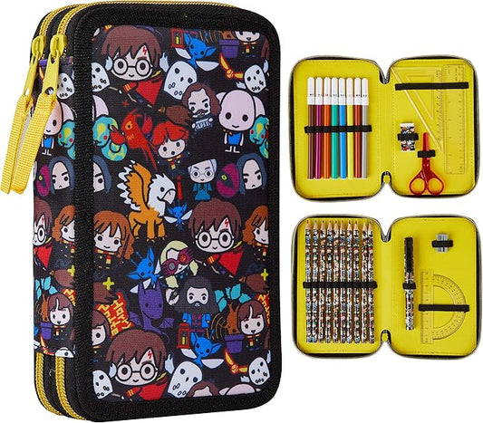 Harry Potter Gifts Pencil Case for Kids, Large Double Zip Organizer Pencil Pouch Filled with School Art Supplies, Stationery Set for Boys and Girls (Black AOP)
