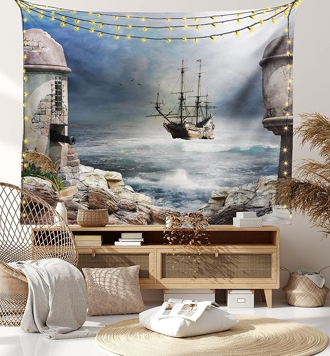 Ambesonne Sailboat Tapestry, Pirate Merchant Shipnchored in the Bay of Fortbandoned Rockst Shore, Fabric Wall Hanging Decor for Bedroom Living Room Dorm, 45" X 30", Pale Muave Beige