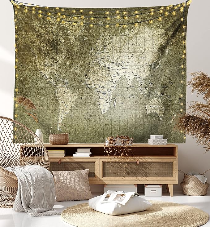 Ambesonne Antique Tapestry King Size, Old World Map Texture Nostalgic Plan Atlas Trace of Life, Wall Hanging Bedspread Bed Cover Wall Decor, 104" X 88", Khaki Beige