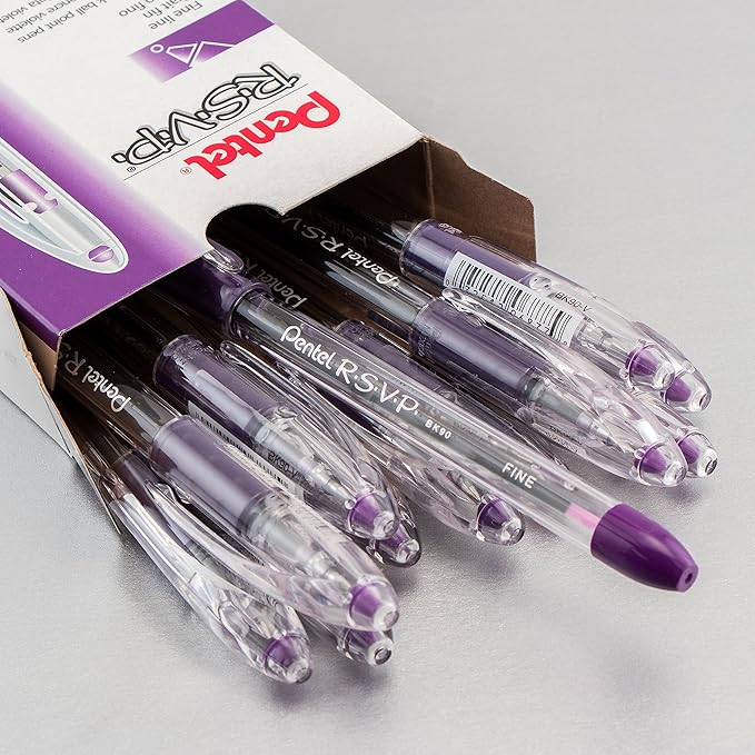 Pentel RSVP Ballpoint Pen, (0.7mm), Fine Line, Violet Ink, Box of 12 (BK90-V)
