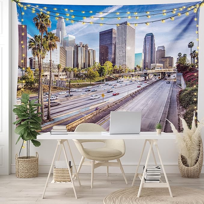 Ambesonne Travel Tapestry King Size, Downtown Cityscape of Los Angeles California USA Avenue Buildings Palms Print, Wall Hanging Bedspread Bed Cover Wall Decor, 104" X 88", Blue Grey Green