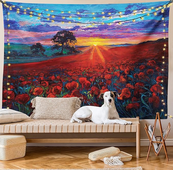 Ambesonne Country Tapestry, Clouds at Sunset Paint Scenery of Poppy Flower Garden on Valley with Horizon, Fabric Wall Hanging Decor for Bedroom Living Room Dorm, 23" X 28", Burgundy Deep Sky Blue