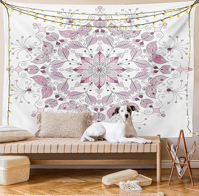 Ambesonne Mandala Tapestry King Size, Lacy Inspired Pastel Floral Motif with Butterfly and Lotus Branches Design, Wall Hanging Bedspread Bed Cover Wall Decor, 104" X 88", White Pale Pink