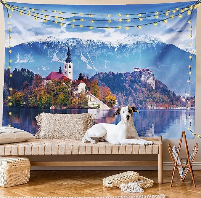 Ambesonne Landscape Tapestry Queen Size, Photo of Bled in Slovenia with Lake Snowy Mountains and a Castle Pastoral Scenery, Wall Hanging Bedspread Bed Cover Wall Decor, 88" X 88", Blue Lavender