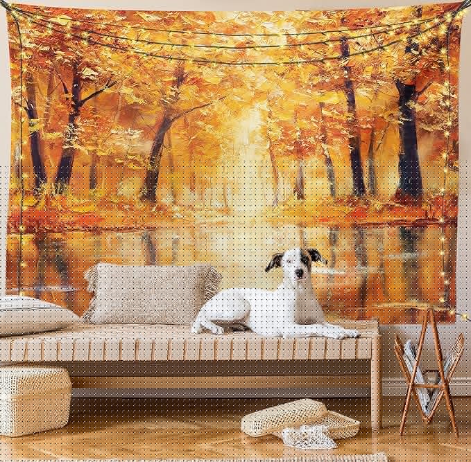 Ambesonne Country Tapestry, Painting of a Forest by the Small Lake in Autumn Pale Fall Trees and Leaves Art, Fabric Wall Hanging Decor for Bedroom Living Room Dorm, 30" X 45", Orange Brown
