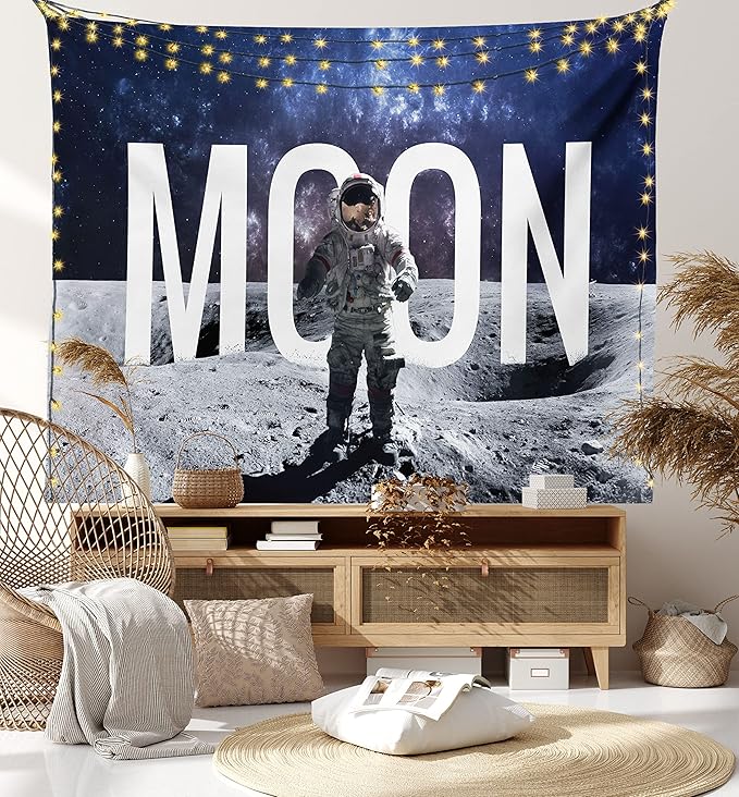 Ambesonne Outer Space Tapestry, Miniature Toy Astronaut on The Foreground of Giant Moon Big Bang Mars Print, Fabric Wall Hanging Decor for Bedroom Living Room Dorm, 28" X 23", Grey Blue