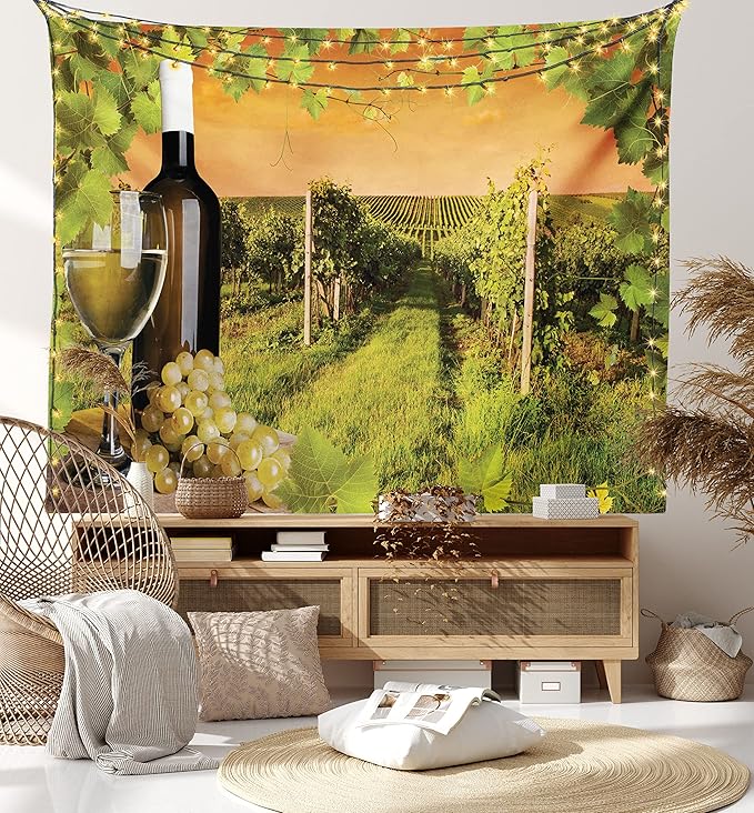 Ambesonne Winery Tapestry Twin Size, Bottle and Glass of Wine and Vineyards of Sunset Countryside Romantic Evening View, Wall Hanging Bedspread Bed Cover Wall Decor, 68" X 88", Orange Green