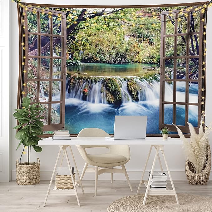 Ambesonne Waterfall Tapestry King Size, Wide Waterfall Deep down in the Forest Seen from a City Window Epic Surreal Print, Wall Hanging Bedspread Bed Cover Wall Decor, 104" X 88", Brown Black