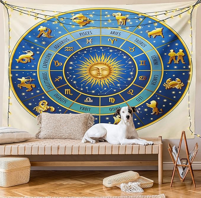 Ambesonne Astrology Tapestry, Wheel of Astrological Signs Names Dates Moon Sun in Middle, Fabric Wall Hanging Decor for Bedroom Living Room Dorm, 23" X 28", Blue Yellow and Cream