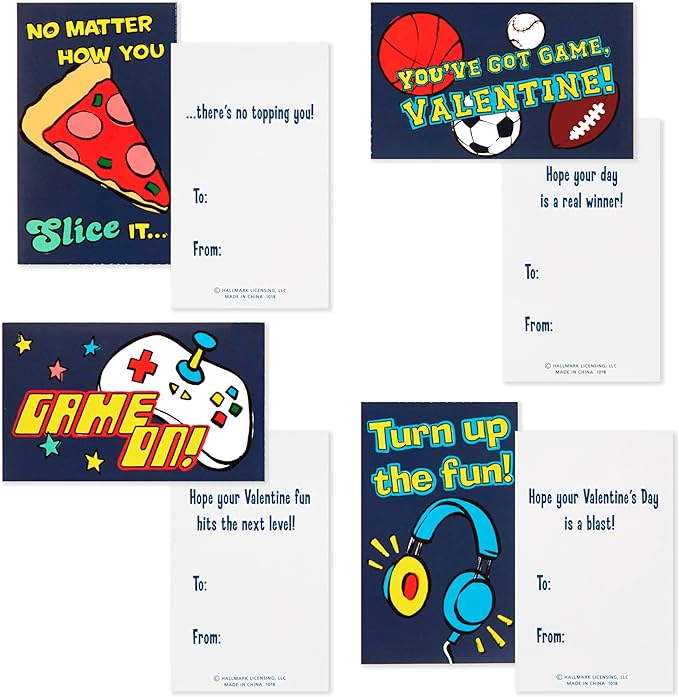 Hallmark Boys Valentines Day Cards and Mailbox for Kids School Classroom Exchange, Games and Sports (1 Box, 32 Valentine Cards, 35 Stickers, 1 Teacher Card)