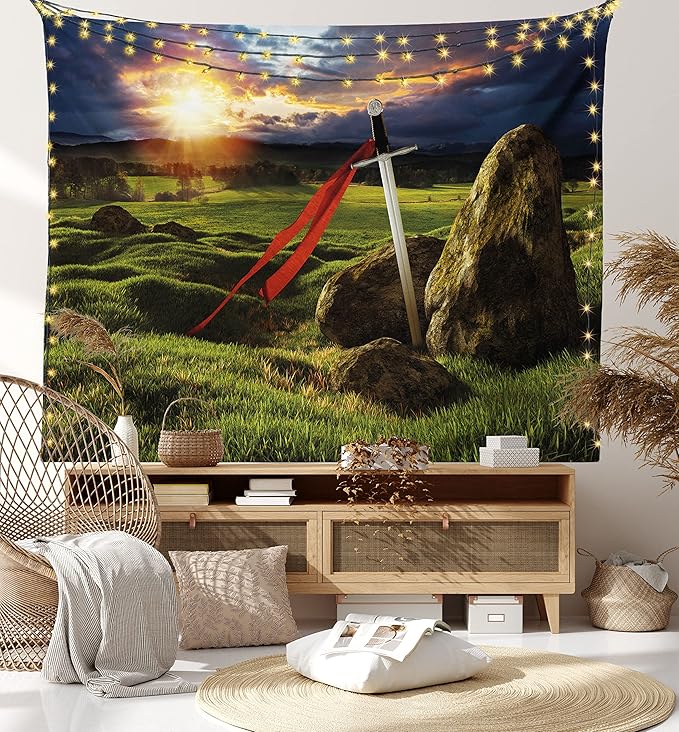 Ambesonne King Tapestry, Arthur Camelot Myth in England Ireland Fields Invincible Myth Image, Fabric Wall Hanging Decor for Bedroom Living Room Dorm, 23" X 28", Green Blue Red