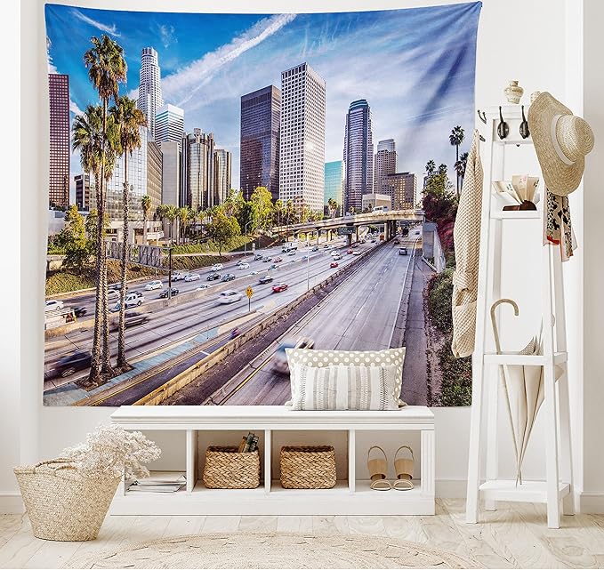 Ambesonne Travel Tapestry King Size, Downtown Cityscape of Los Angeles California USA Avenue Buildings Palms Print, Wall Hanging Bedspread Bed Cover Wall Decor, 104" X 88", Blue Grey Green
