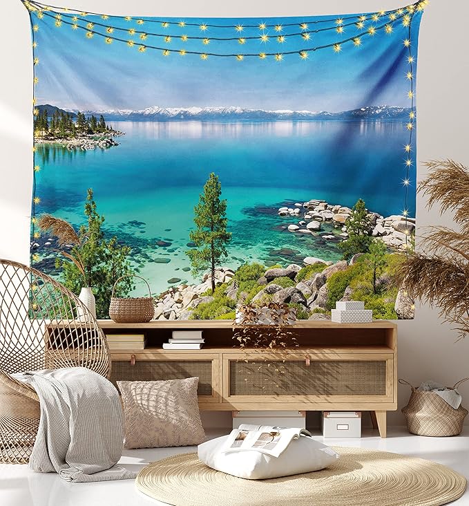 Ambesonne Blue Tapestry King Size, Tranquil View of Lake Tahoe Sierra Pines on Rocks with Turquoise Waters Shoreline, Wall Hanging Bedspread Bed Cover Wall Decor, 104" X 88", Blue Grey Green