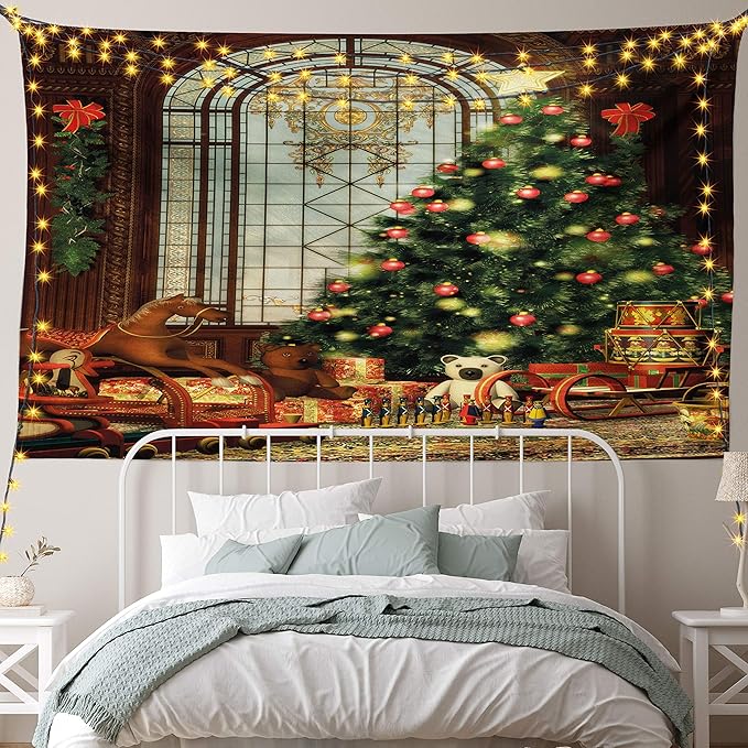 Ambesonne Christmas Tapestry, Vintage Ambiance Big Old Fashioned Window Xmas Tree Various Presents, Fabric Wall Hanging Decor for Bedroom Living Room Dorm, 90" X 60", Brown Red Green