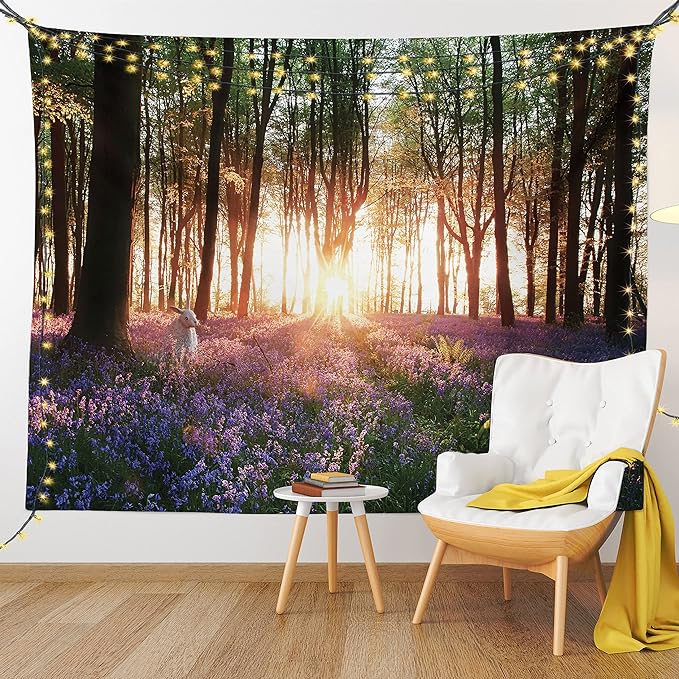 Ambesonne Forest Tapestry Queen Size, Bluebell Woods Sunrise with White Rabbit Sunny Spring Day in Woodland, Wall Hanging Bedspread Bed Cover Wall Decor, 88" X 88", Purple Green