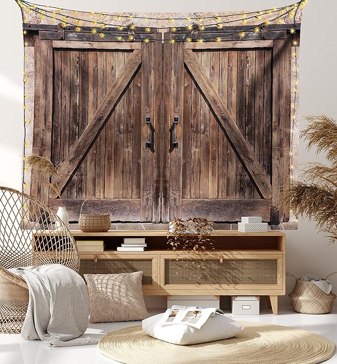 Ambesonne Rustic Tapestry, Wooden Barn Door in Stone Farmhouse Image Vintage Desgin Rural Art Architecture Print, Fabric Wall Hanging Decor for Bedroom Living Room Dorm, 28" X 23", Cream Brown