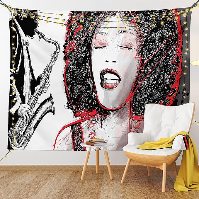 Ambesonne African Tapestry, Afro Lady Singing a Jazz Song with Saxophone Player Silhouette Vintage Design, Fabric Wall Hanging Decor for Bedroom Living Room Dorm, 28" X 23", Black Pale Grey