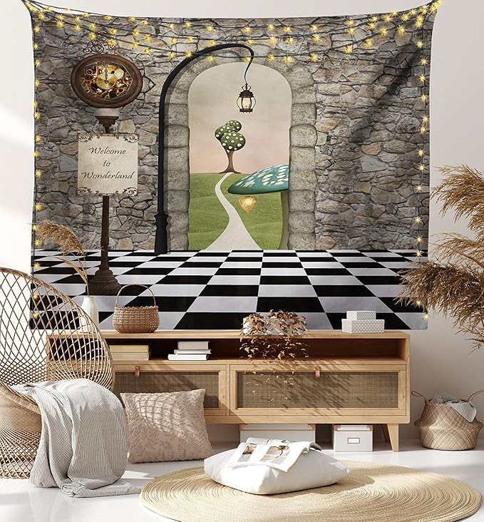 Ambesonne Alice in Wonderland Tapestry, Welcome Wonderland Black and White Floor Landscape Mushroom Lantern, Wide Wall Hanging for Bedroom Living Room Dorm, 80" X 60", Stone Black