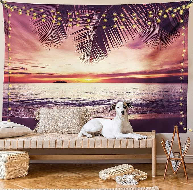 Ambesonne Palm Tree Tapestry, Tropical Beach Under Shadows at Sunset Ocean Waves Serenity of Paradise in Nature, Fabric Wall Hanging Decor for Bedroom Living Room Dorm, 45" X 30", Yellow Purple
