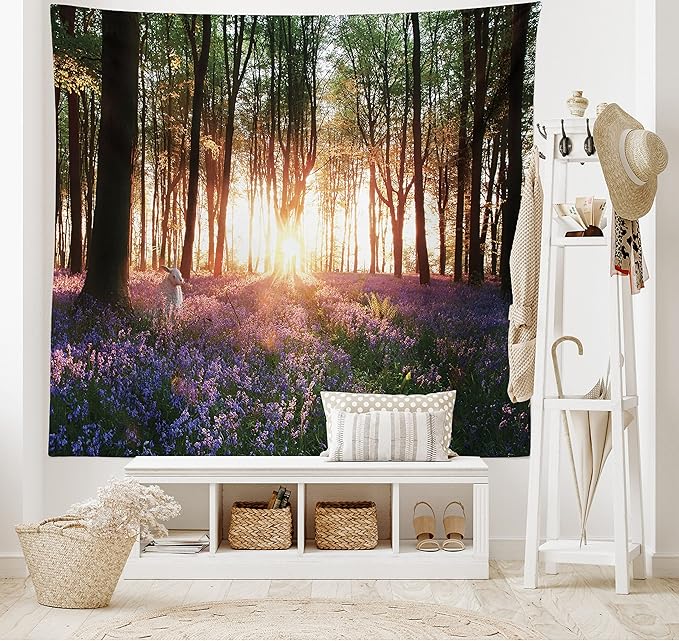 Ambesonne Forest Tapestry, Bluebell Woods Sunrise with White Rabbit Sunny Spring Day in Woodland, Wide Wall Hanging for Bedroom Living Room Dorm, 60" X 40", Green Purple