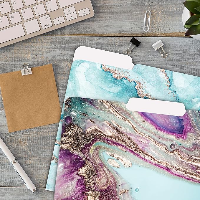 Better Office Products Decorative File Folders, 12 Pack, 6 Designs, Heavyweight, Letter Size (9.5" x 11.5") with 1/3 Cut Tab, Marble Designs, Fashion Folders